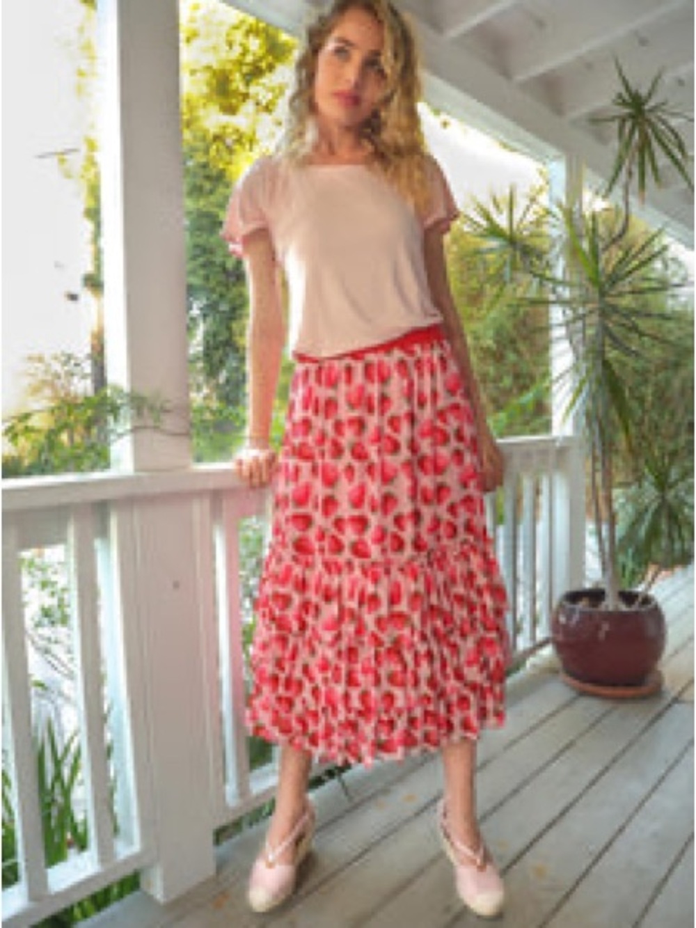 Eva Franco Pink and Red Floral Tiered Midi Skirt
